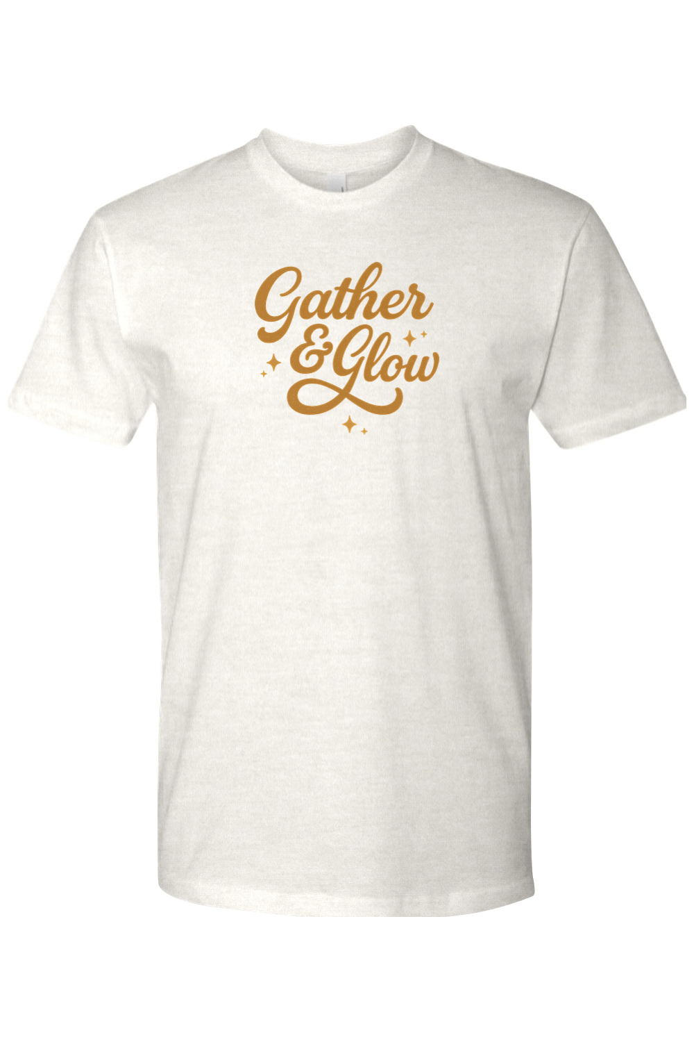 Light cream Thanksgiving t-shirt with "Gather & Glow" text in a cursive font cute trendy fall holiday short sleeve shirt