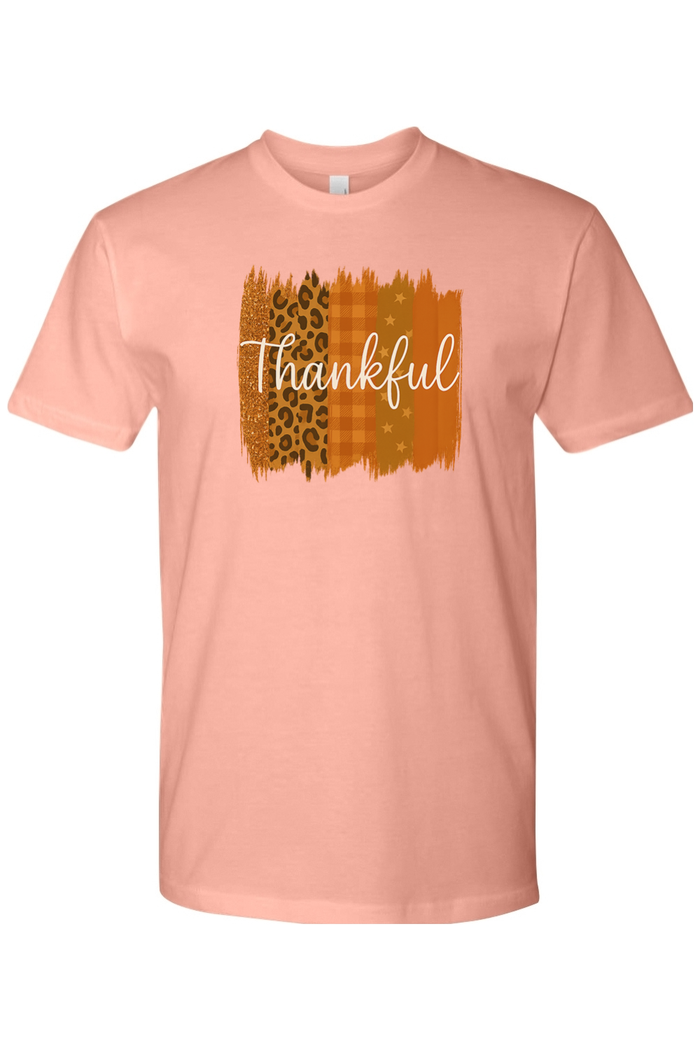 Pink Thanksgiving t-shirt with "Thankful" text and patchwork leopard print, plaid, stars design trendy cute girly fall holiday short sleeve shirt