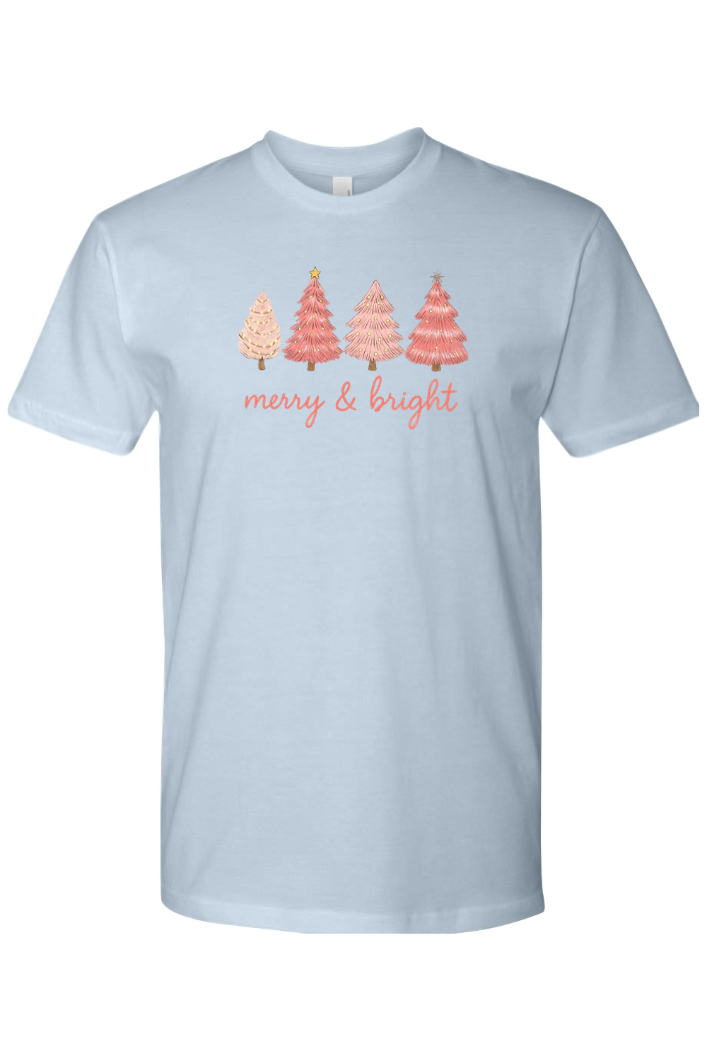 Light blue Christmas t-shirt with "Merry & Bright" in pink and four pink Christmas trees designs cute girly trendy holiday short sleeve shirt