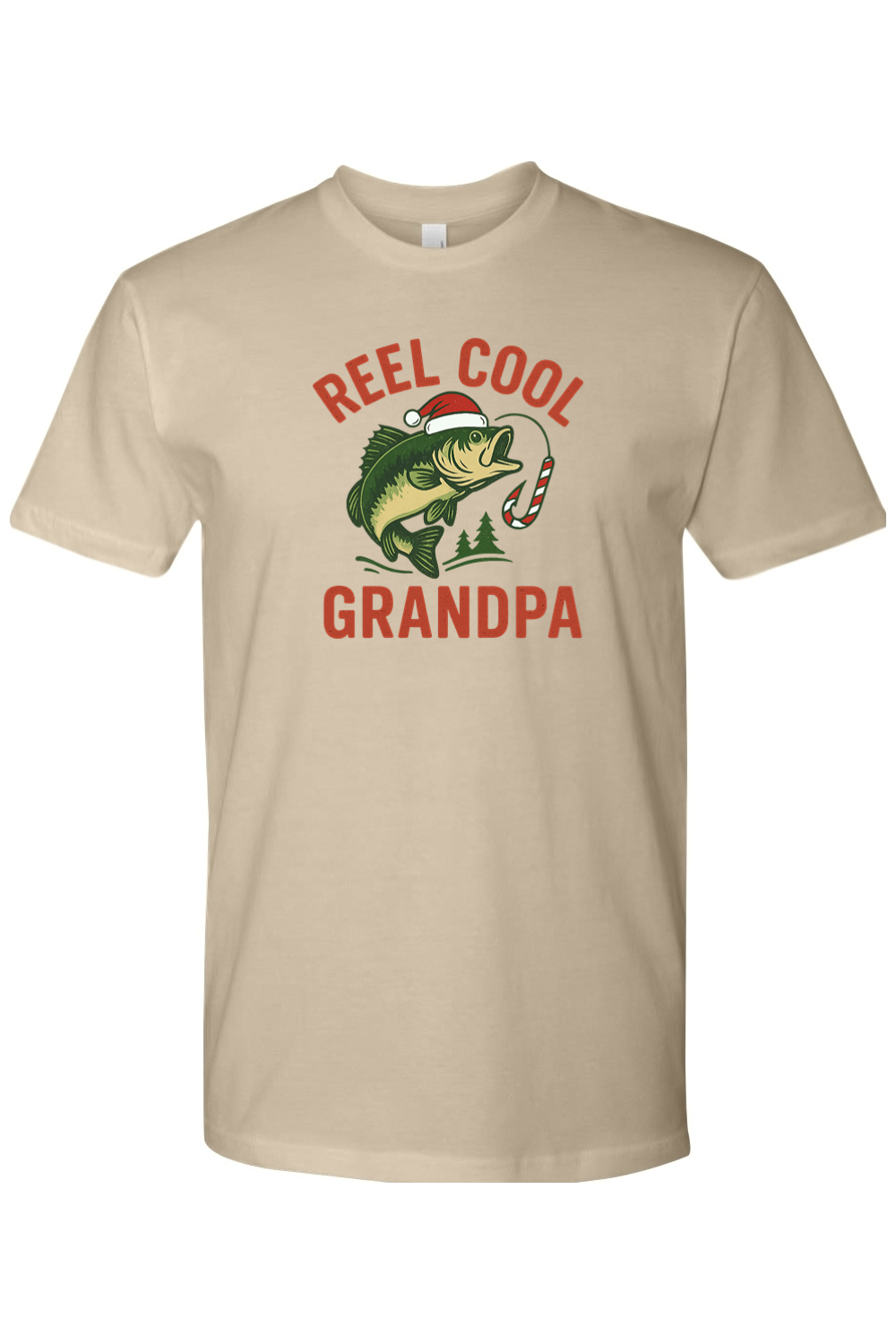 Dark beige Christmas t-shirt with "Reel Cool Grandpa" text in red with a fish in a Santa hat design and candy cane hook design festive fishing grandparent grandfather holiday short sleeve shirt