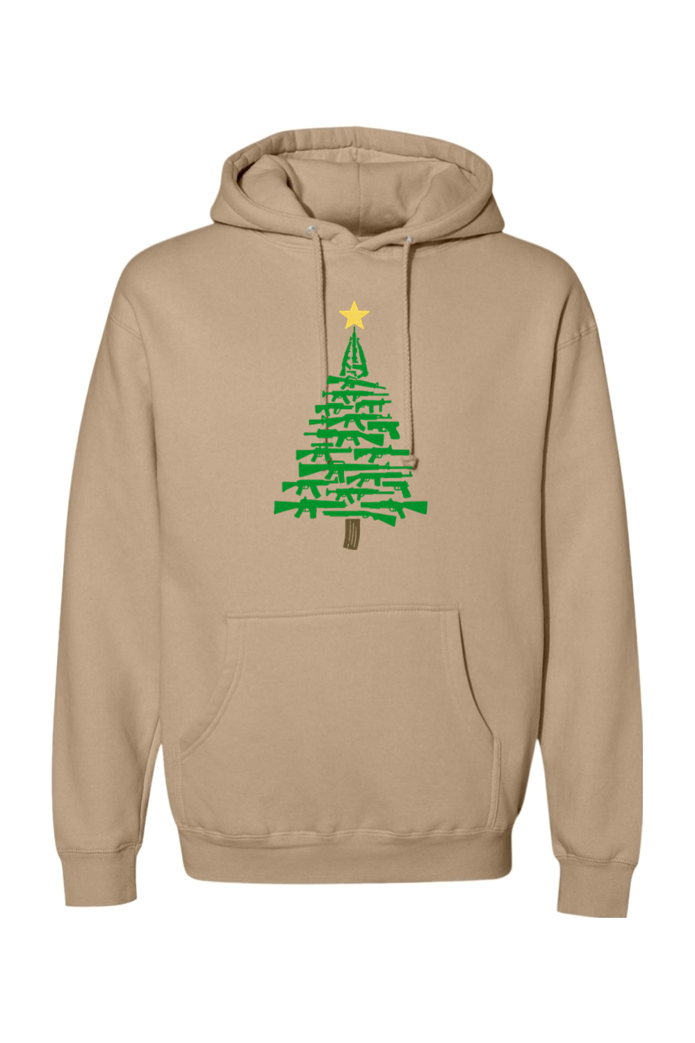 Dark beige Christmas hoodie with a Christmas tree design made out of rifles cool tactical men's holiday long sleeve hooded sweatshirt
