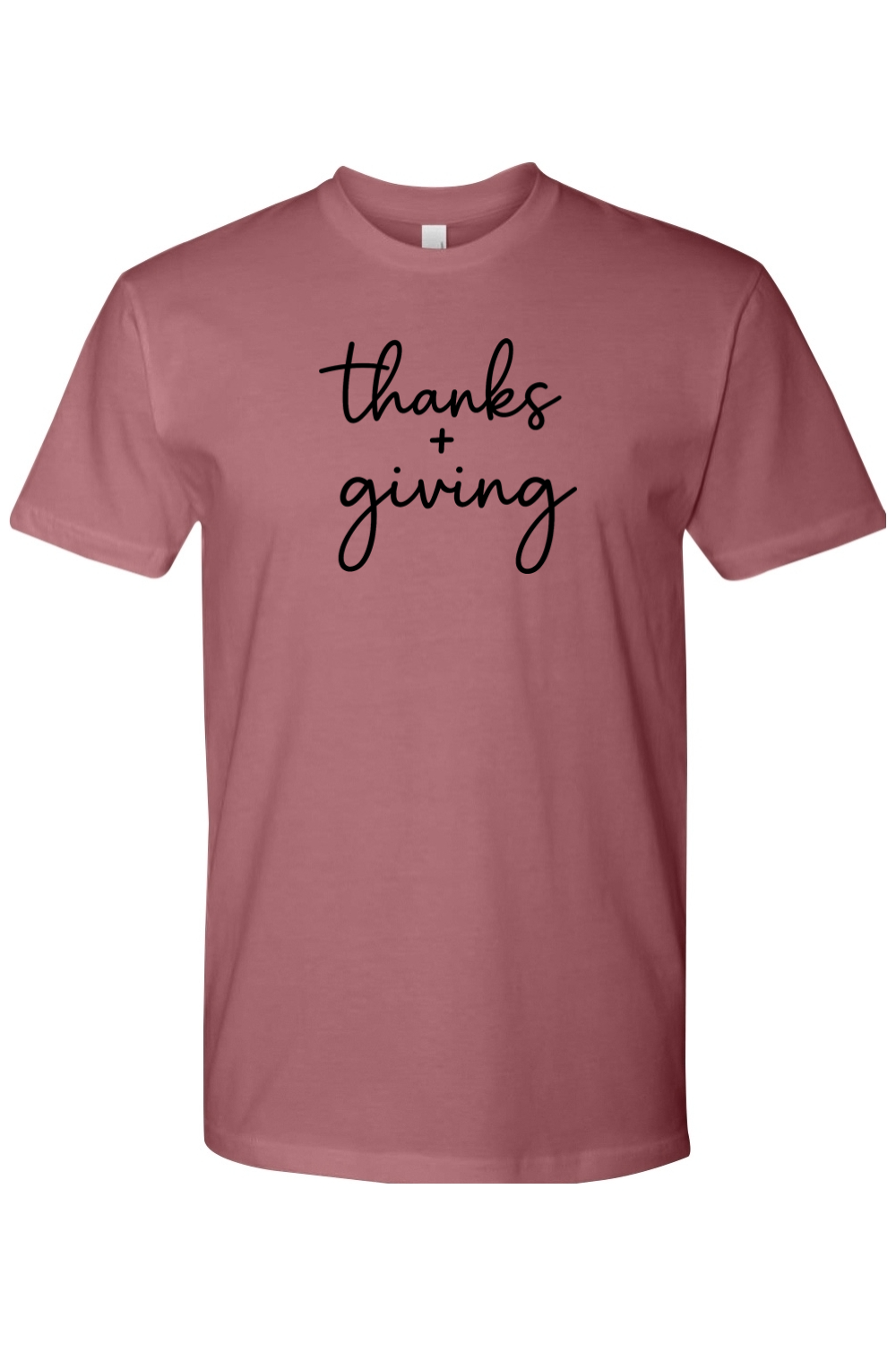 Mauve dark pink Thanksgiving t-shirt with "thanks + giving" text in black cute trendy fall holiday short sleeve shirt