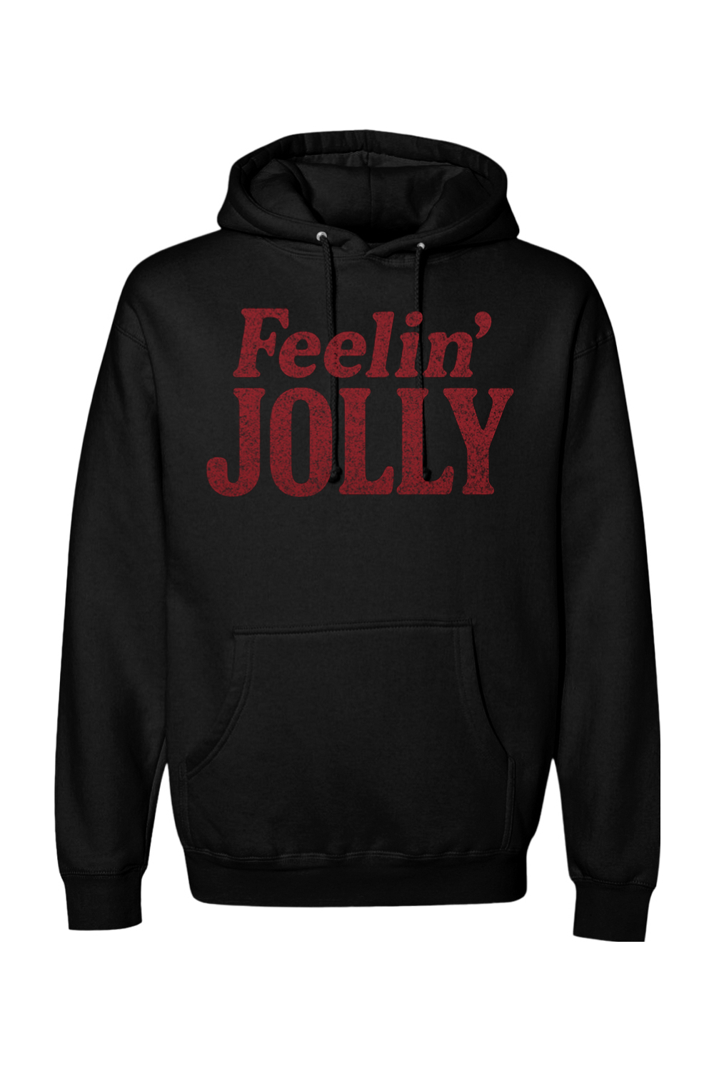 Black Christmas hoodie with "Feelin' Jolly" text in dark red funny holiday humor long sleeve hooded sweatshirt