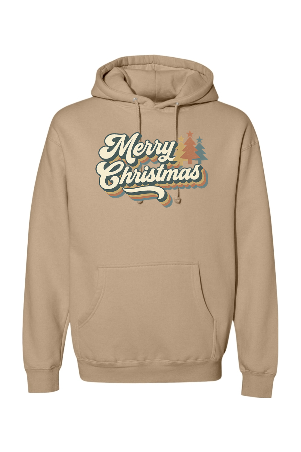 Dark beige Christmas hoodie with "Merry Christmas" text in retro bubble font and Christmas trees design cute trendy festive holiday long sleeve hooded sweatshirt