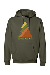 Olive green Christmas hoodie with a retro striped Christmas tree and presents underneath design cool trendy holiday long sleeve hooded sweatshirt