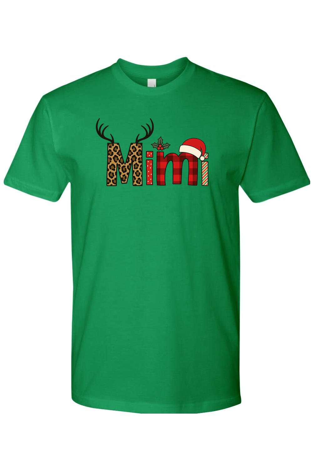 Green Christmas t-shirt with "Mimi" text antler design and the letters filled with leopard print, plaid, polka dots, and stripes cute grandma festive holiday short sleeve shirt