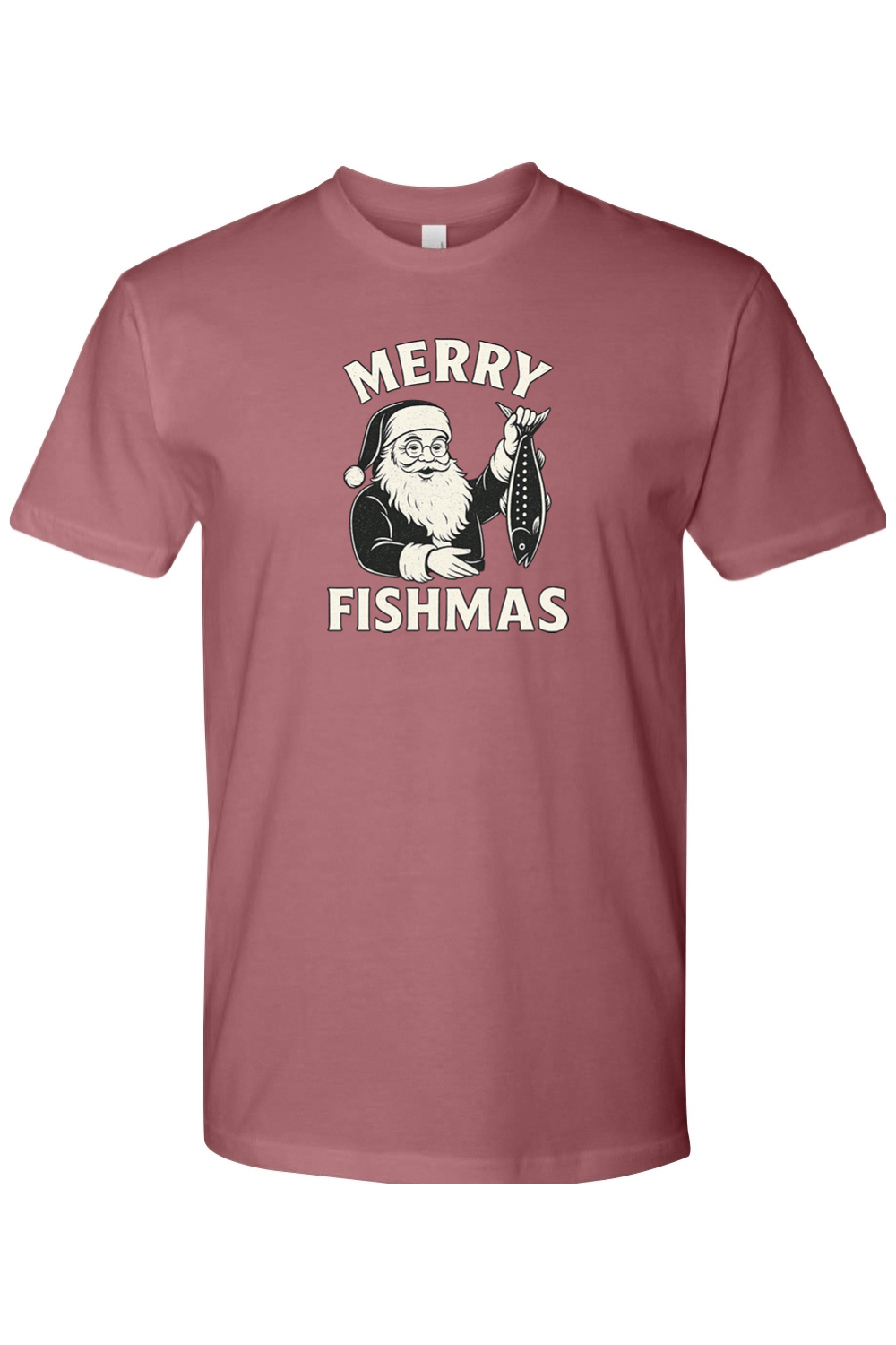 Mauve dark pink Christmas t-shirt with "Merry Fishmas" text with Santa holding a fish design funny fishing holiday festive short sleeve shirt