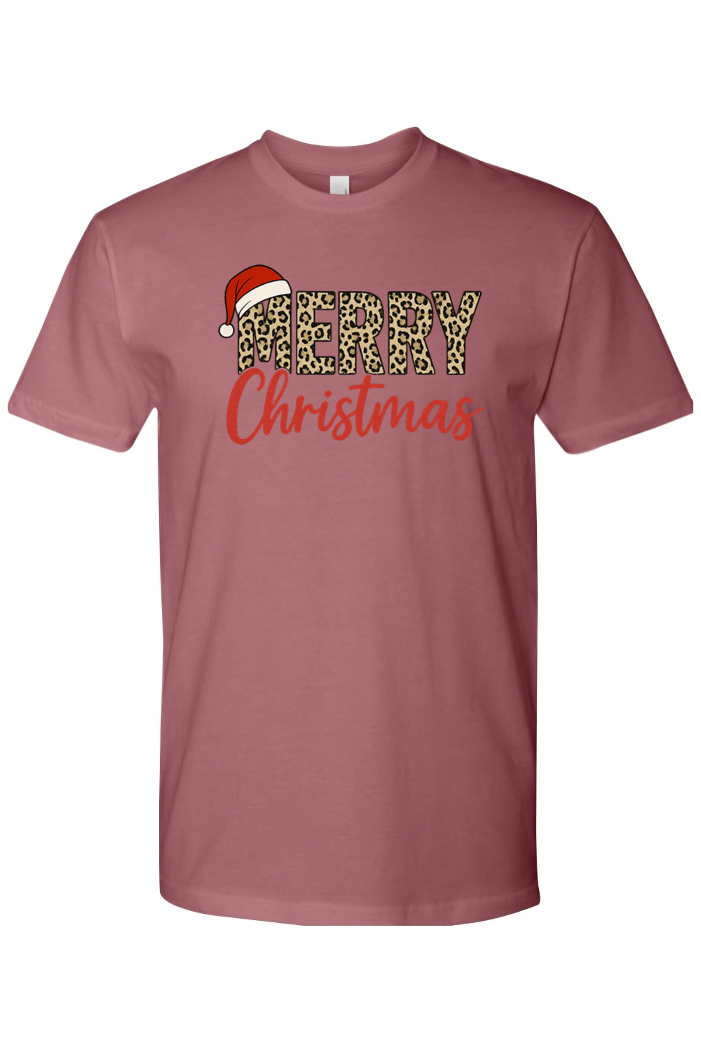 Mauve dark pink Christmas t-shirt with "Merry Christmas" text in leopard print and red with a Santa hat design cute trendy festive holiday short sleeve shirt
