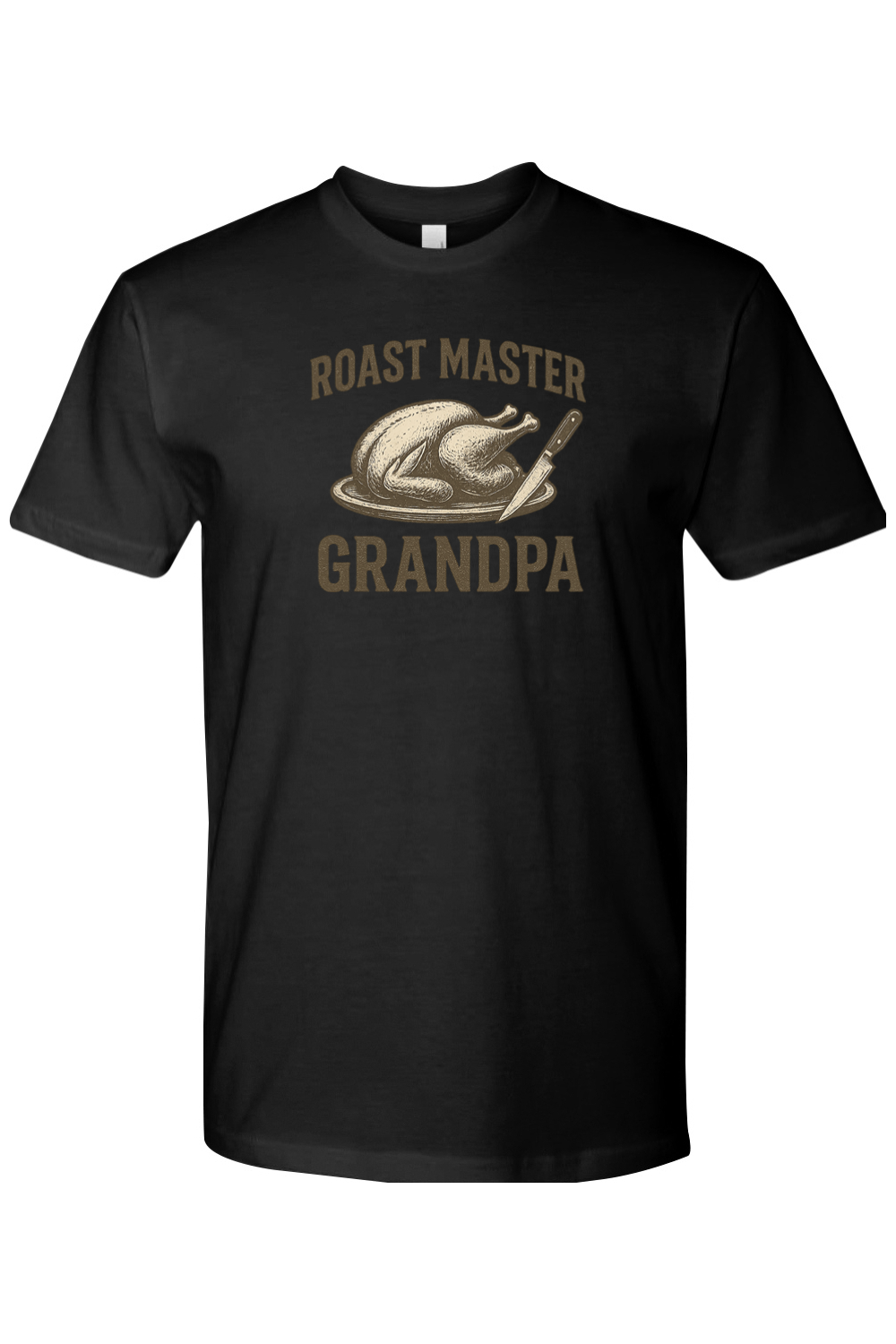 Black Thanksgiving t-shirt with "Roast Master Grandpa" text with a turkey design grandparent funny fall holiday short sleeve shirt