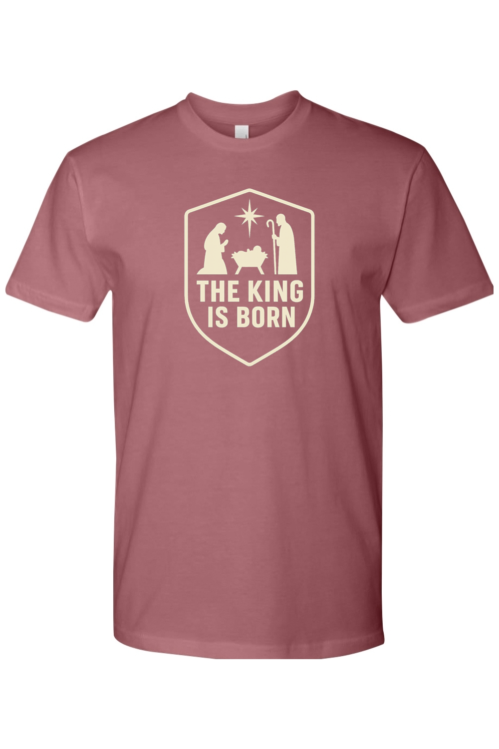 Mauve dark pink religious Christmas t-shirt with "The King is Born" text and Mary and Joseph next to Jesus in the manger and star design God Christian holiday short sleeve shirt