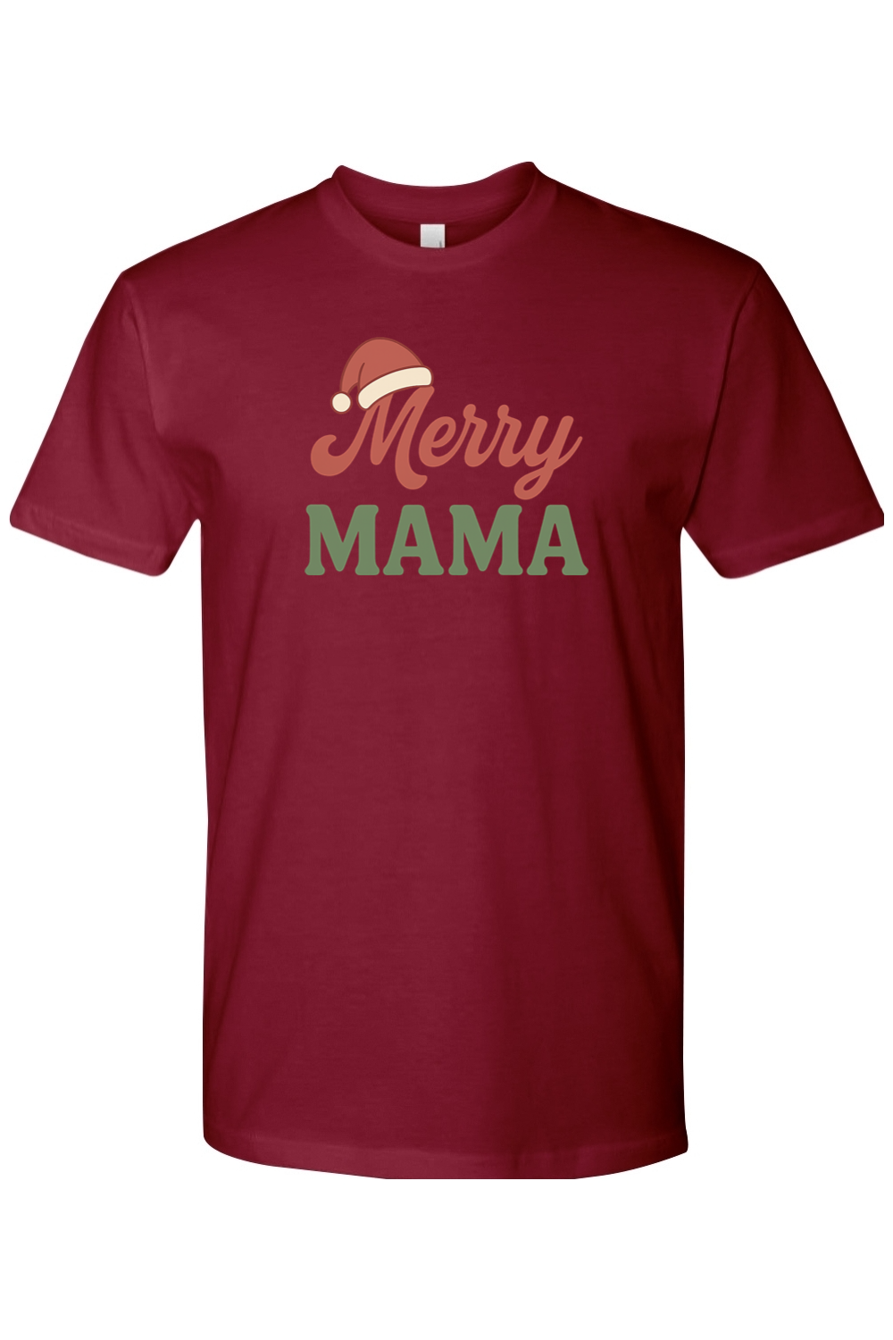 Burgundy Christmas t-shirt with "Merry Mama" text with a Santa hat over the M in Merry cute trendy mom mother holiday short sleeve shirt