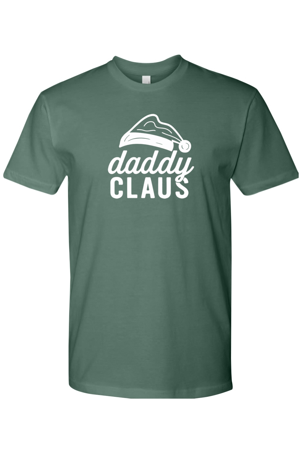Pine green Christmas t-shirt with 'Daddy Claus' text and Santa hat graphic funny festive holiday short sleeve shirt