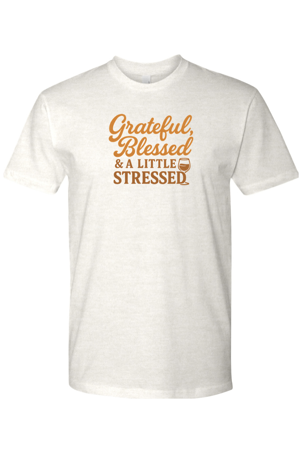 Light cream Thanksgiving t-shirt with "Grateful, Blessed, & A Little Stressed" text with a wine glass design funny trendy fall holiday short sleeve shirt