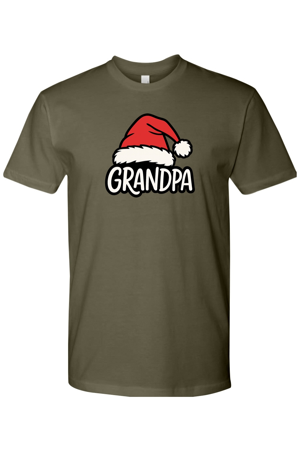 Olive green Christmas t-shirt with "Grandpa" text and a Santa hat design cute grandparent matching holiday festive short sleeve shirt