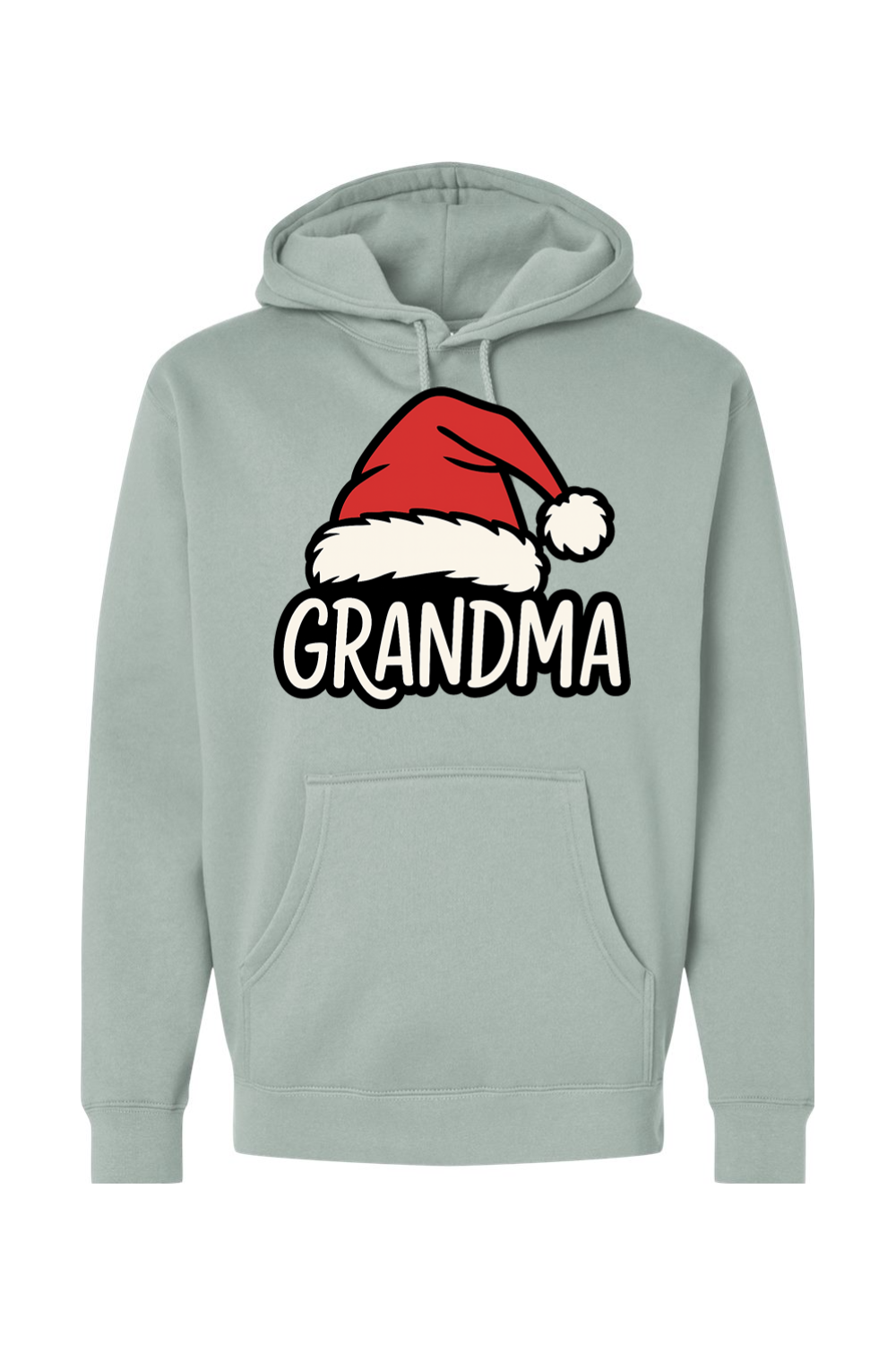 Light green Christmas hoodie with "Grandma" text under a Santa hat cute grandparent grandmother long sleeve hooded sweatshirt