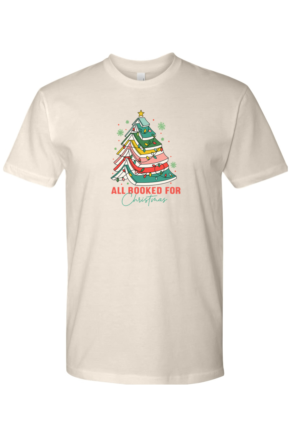 Beige Christmas t-shirt with "All Booked For Christmas" text and a Christmas tree made out of books design cute trendy book lover librarian festive holiday short sleeve shirt