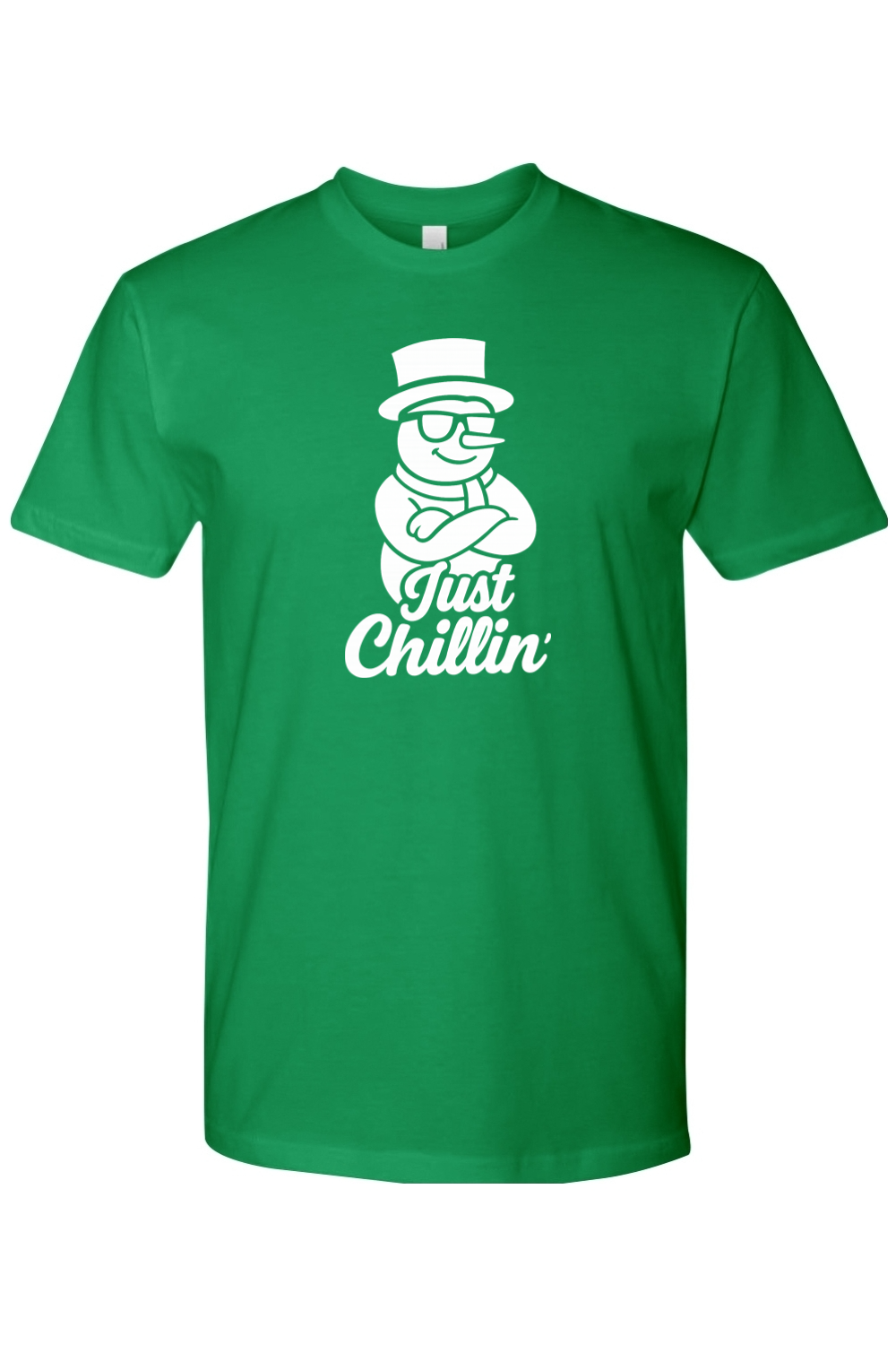 Green Christmas t-shirt with "Just Chillin'" text in white with a snowman wearing sunglasses and arms crossed design funny holiday humor short sleeve shirt