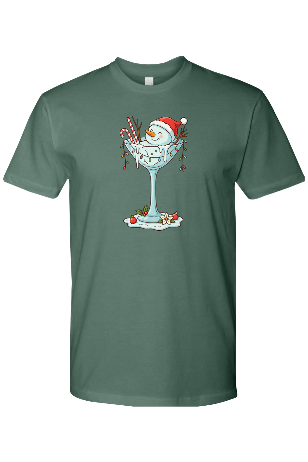 Pine green Christmas t-shirt with a melted snowman sitting in a martini glass with candy canes, lights, and ornaments design cute festive holiday short sleeve shirt