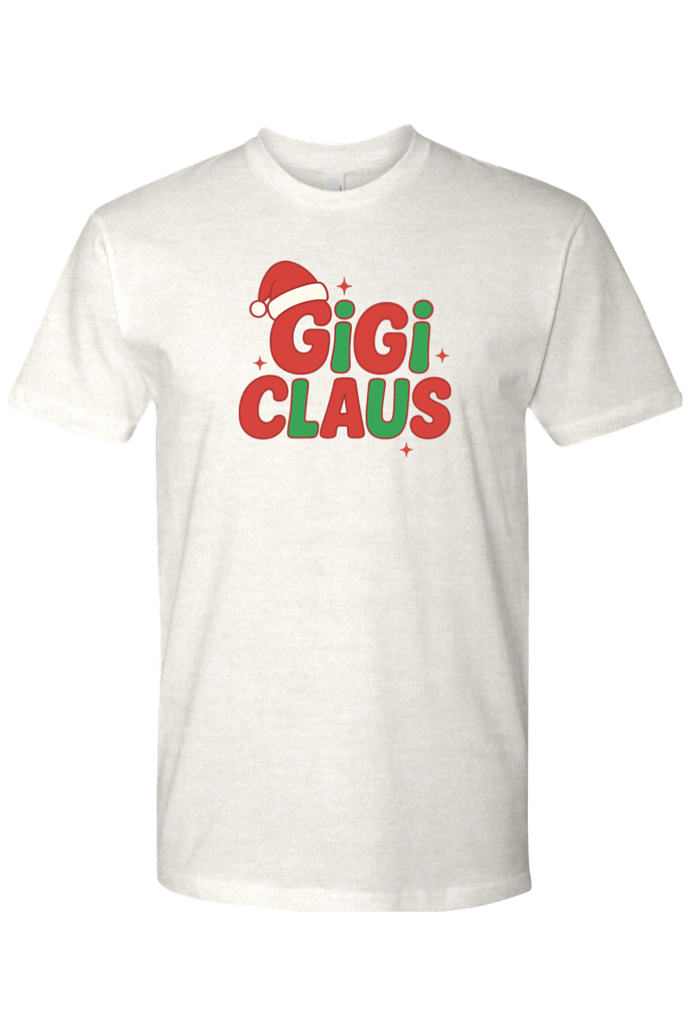 Light cream Christmas t-shirt with "Gigi Claus" text in green and red with a Santa hat sitting on the G cute grandma grandparent holiday short sleeve shirt