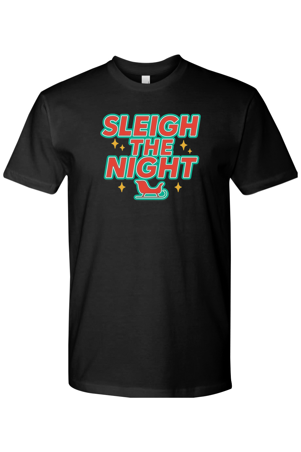Black vintage Christmas t-shirt with "Sleigh the Night" text with stars and sleigh design retro trendy holiday short sleeve shirt