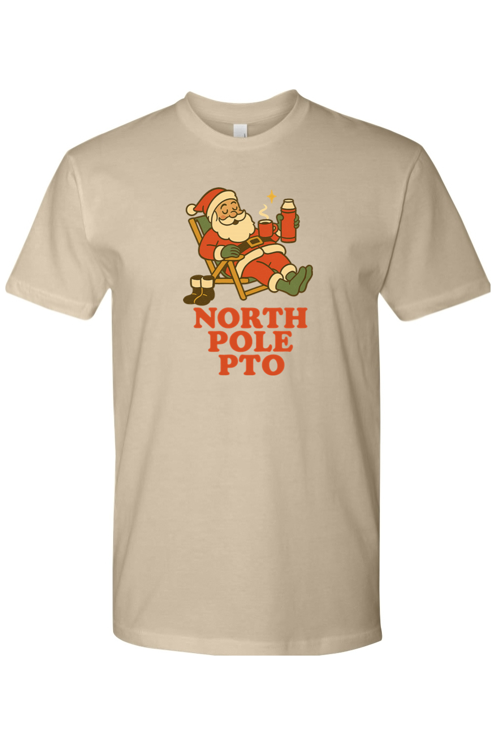 Dark beige vintage Christmas t-shirt with "North Pole PTO" text and Santa relaxing on a reclining chair with hot cocoa design funny holiday humor short sleeve shirt