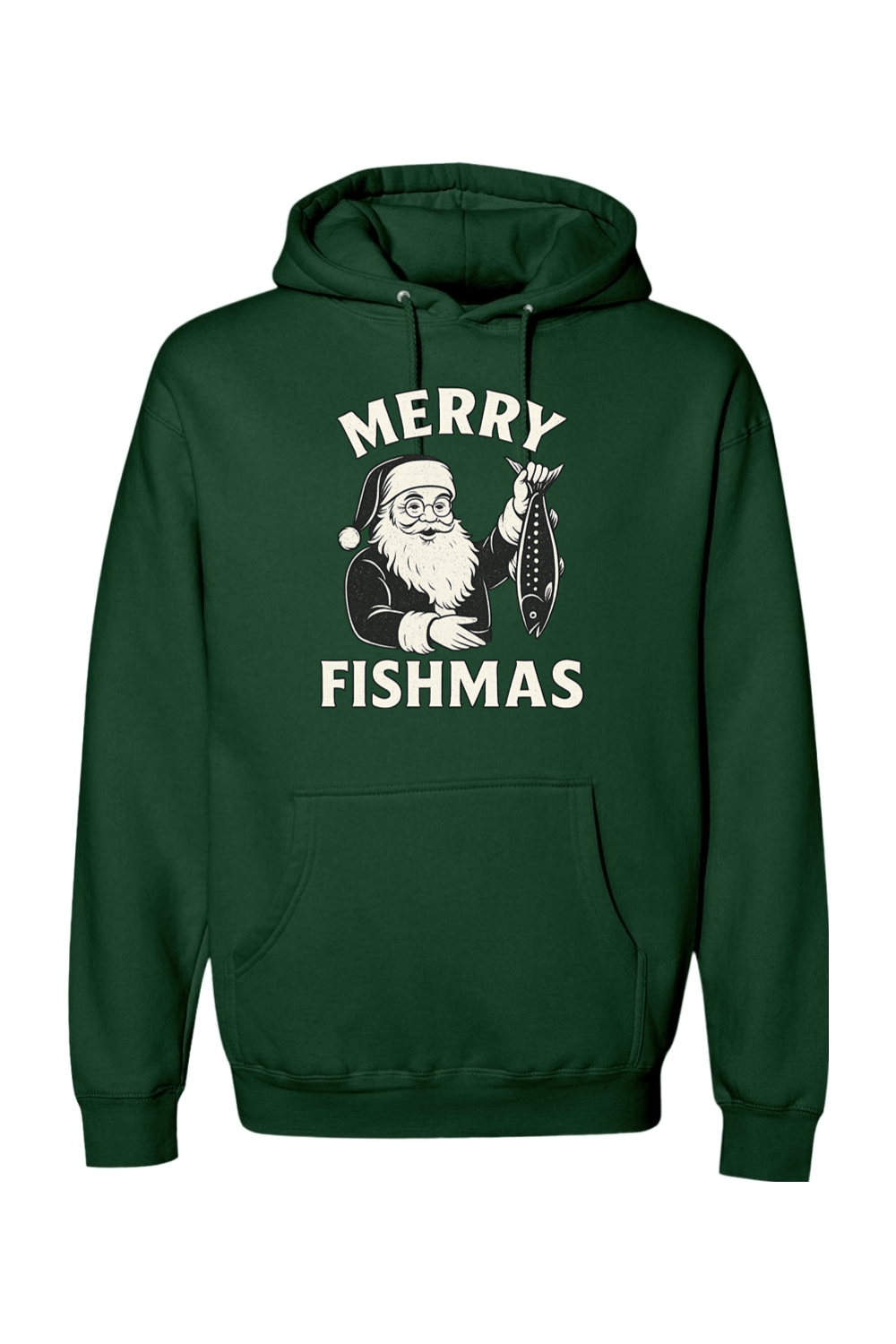 Dark green Christmas hoodie with "Merry Fishmas" text with Santa holding a fish design funny fishing holiday festive long sleeve hooded sweatshirt