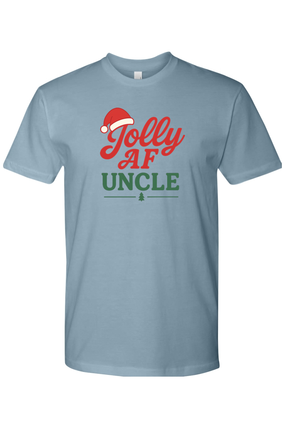 Blue Christmas t-shirt with "Jolly AF Uncle" text with a Santa hat and Christmas tree design funny holiday humor short sleeve shirt