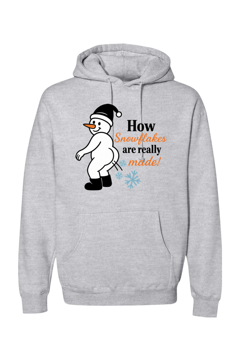 Heather gray Christmas hoodie with "How Snowflakes are Really Made" text with a snowman blowing snowflakes out of his rear end funny sarcastic holiday humor long sleeve hooded sweatshirt