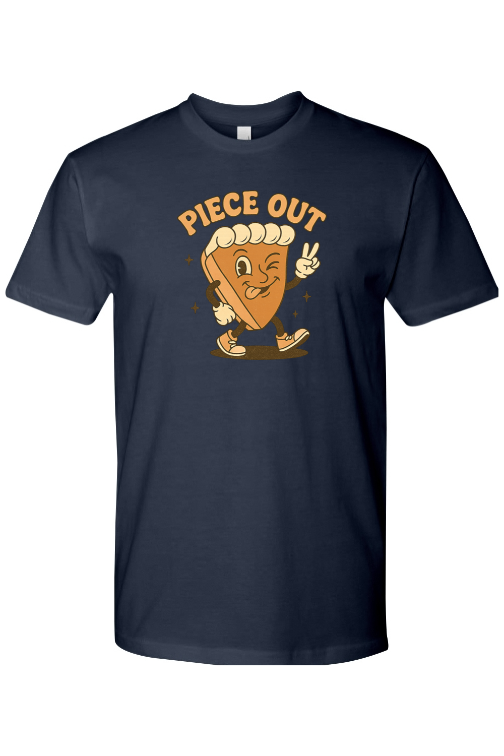 Navy blue Thanksgiving t-shirt with "Piece Out" text and a slice of pie winking and giving a peace sign cool retro trendy fall holiday short sleeve shirt