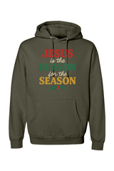 Olive green Christmas hoodie with 'Jesus is the Reason for the Season' text in red, green, and yellow color and a holly design underneath Jesus Christian holiday long sleeve hooded sweatshirt