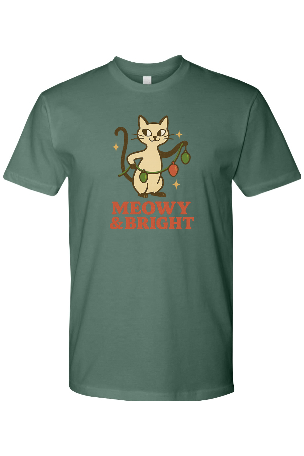 Pine green vintage Christmas t-shirt with "Meowy & Bright" text with a cat holding a string of lights design cute funny holiday pet animal humor short sleeve shirt