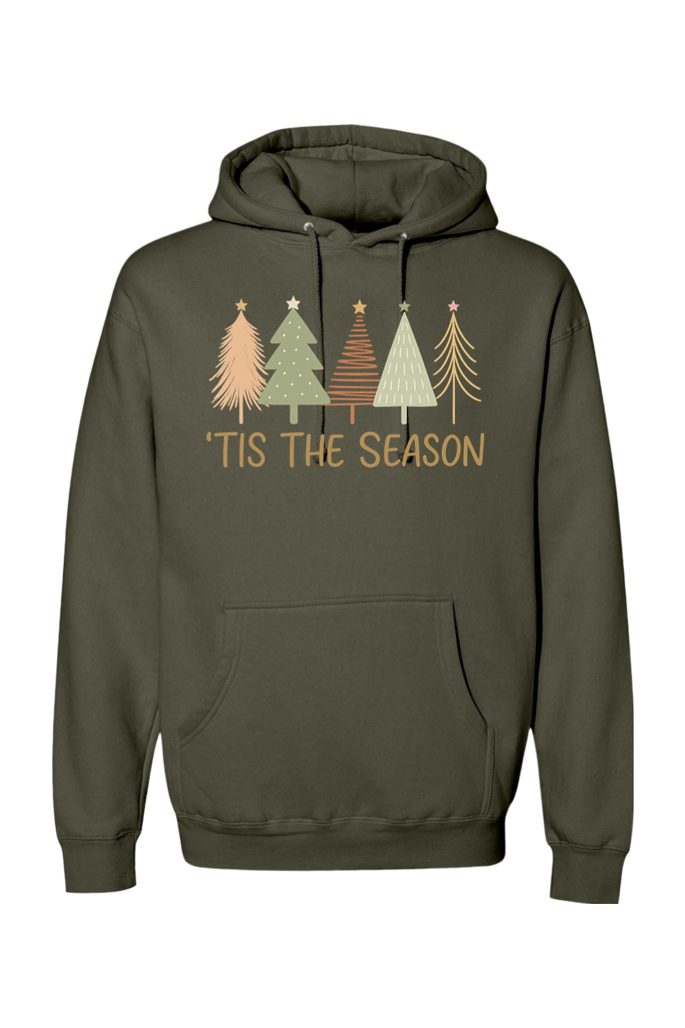 Olive green Christmas hoodie with "'Tis the Season" text and pastel colored Christmas trees design cute trendy festive holiday long sleeve hooded sweatshirt