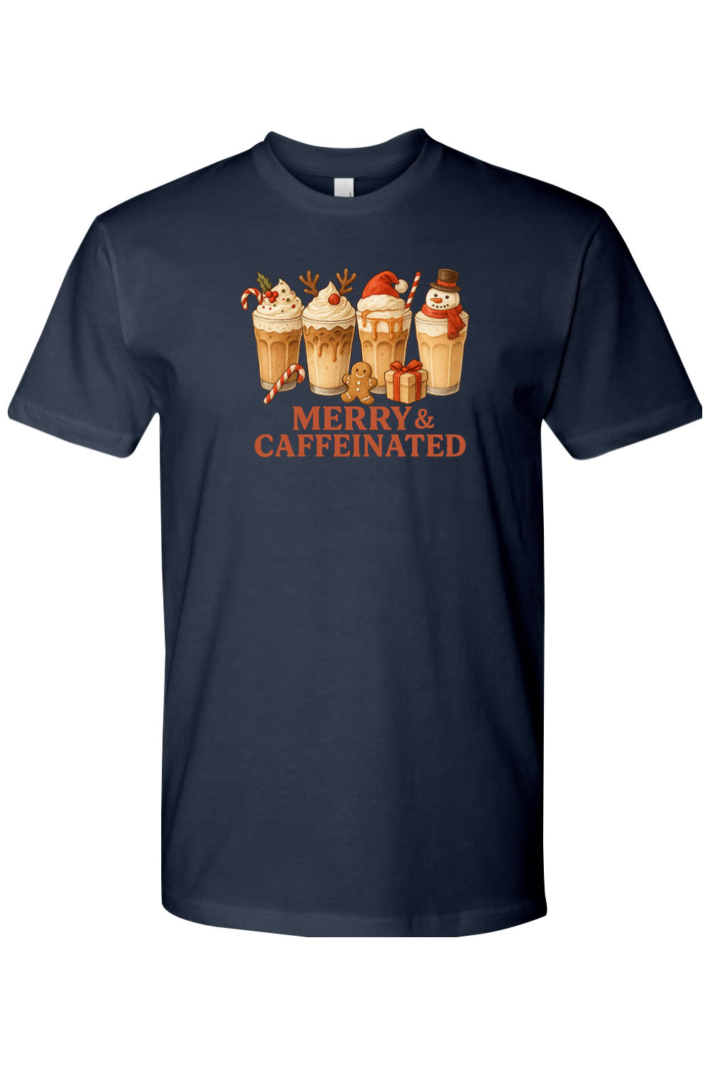 Navy blue t-shirt with Christmas coffee design and Merry & Caffeinated text cute holiday iced coffee short sleeve shirt