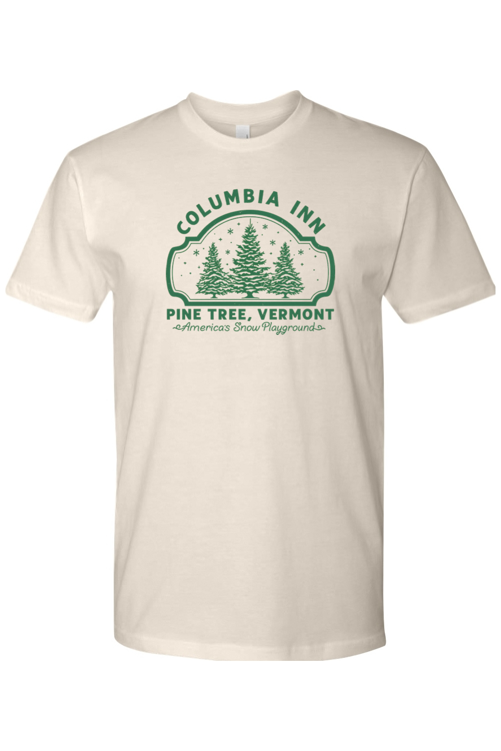 Beige Christmas t-shirt with "Columbia Inn Pine Tree, Vermont America's Snow Playground" text in green with a pine tree snow design trendy festive holiday short sleeve shirt