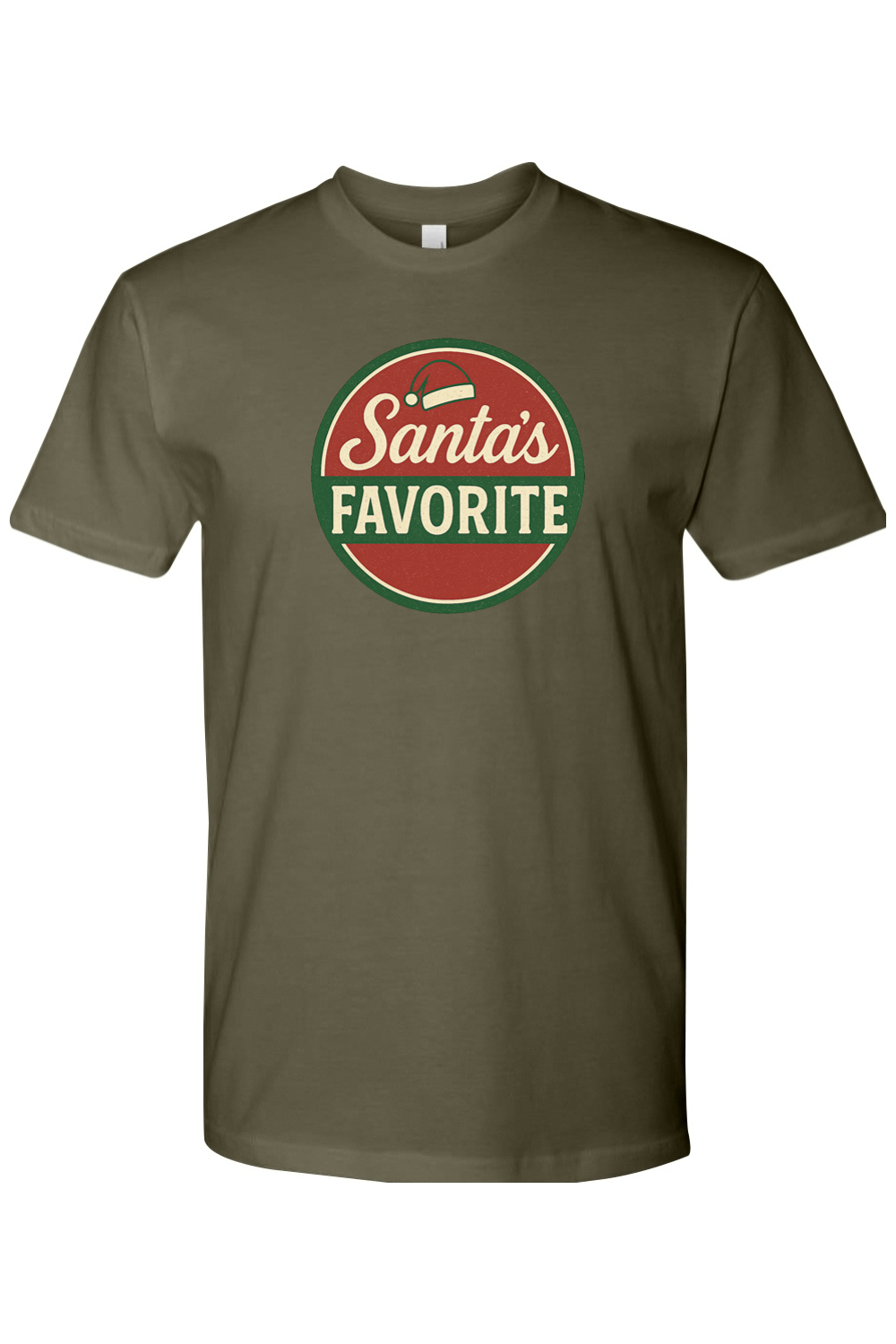 Olive green Christmas t-shirt with "Santa's Favorite" text with a Santa hat in a badge layout design funny festive holiday short sleeve shirt