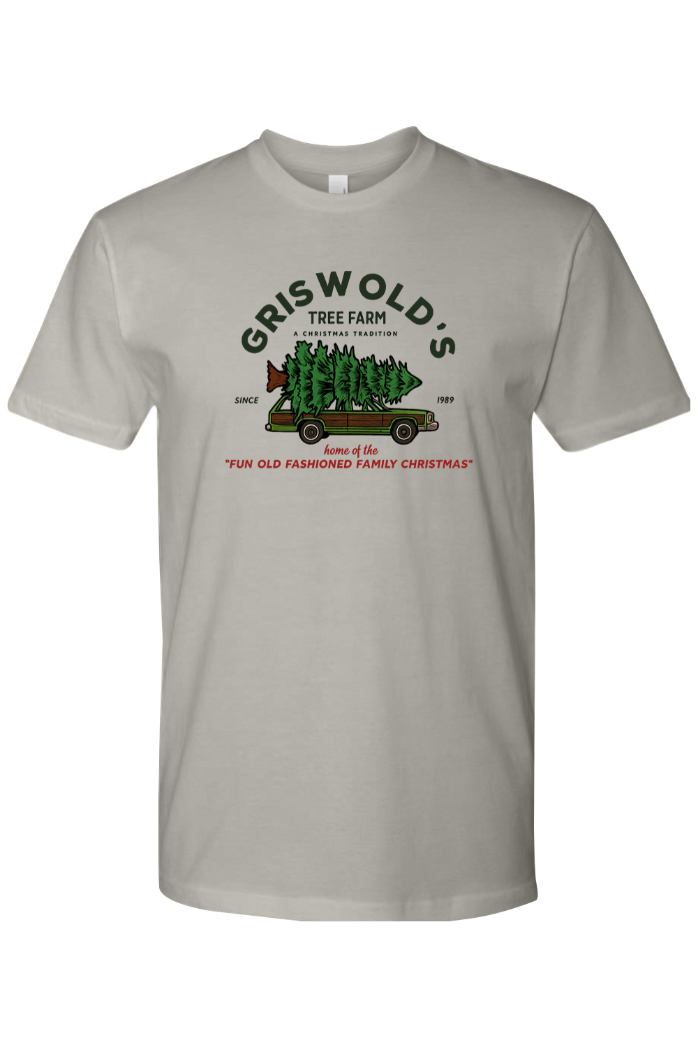 Gray grey Christmas t-shirt with "Griswold's Tree Farm A Christmas Tradition Since 1989 Home of the Fun Old Fashioned Family Christmas" text with a Christmas tree strapped onto a car design cool festive holiday short sleeve shirt