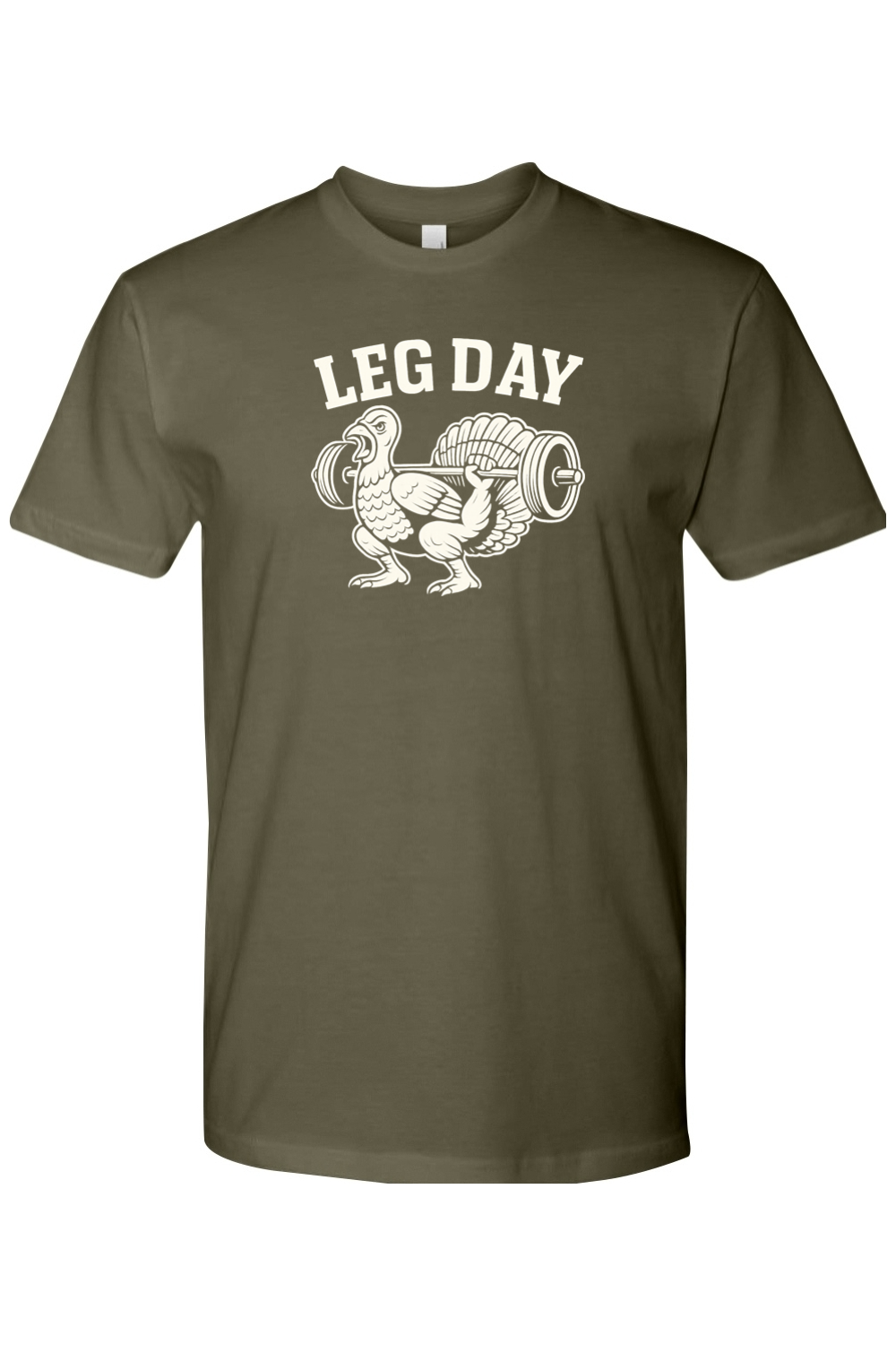 Olive green Thanksgiving t-shirt with "Leg Day" text and a turkey doing a squat with a barbell design lifting weights funny gym humor fall short sleeve shirt