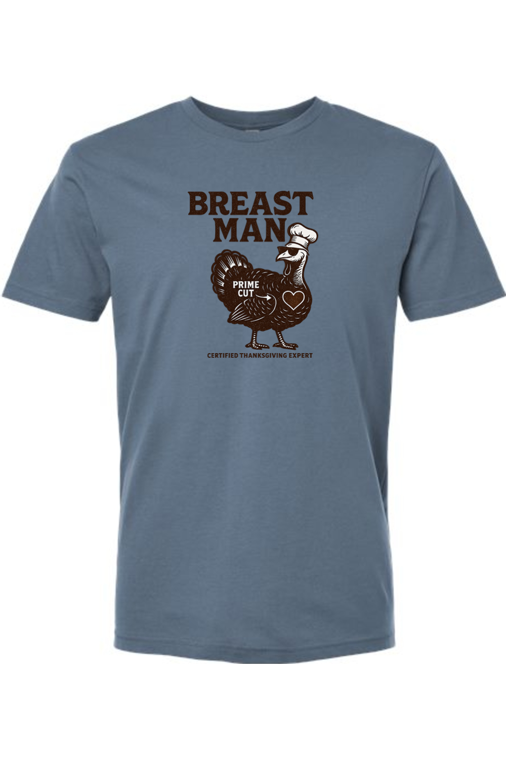 Dark blue Thanksgiving t-shirt with "Breast Man Certified Thanksgiving Expert" text and a turkey in a chef hat design funny sarcastic edgy humor fall holiday short sleeve shirt