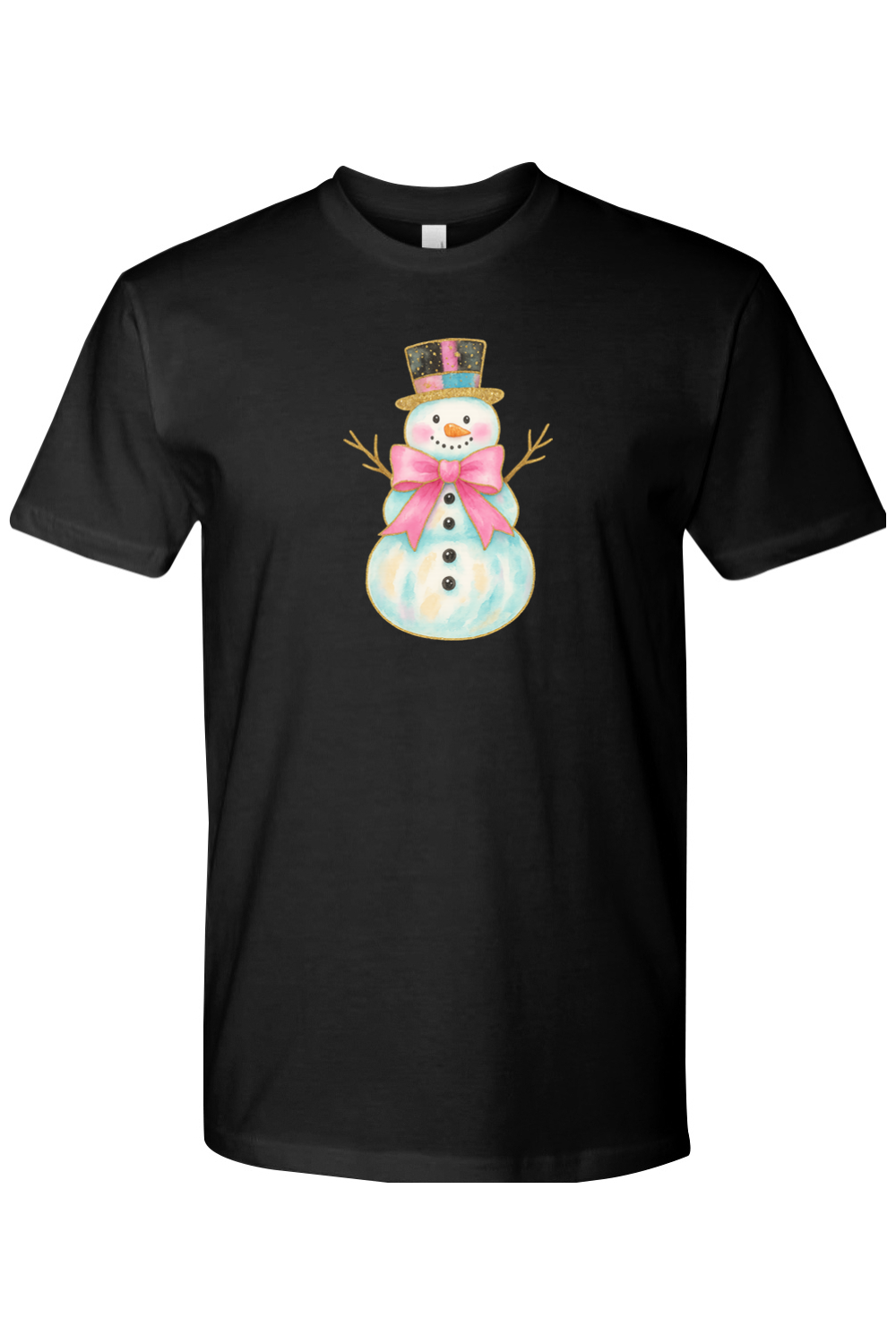 Black Christmas t-shirt with a watercolor snowman in a pink bow and top hat design cute girly festive holiday short sleeve shirt