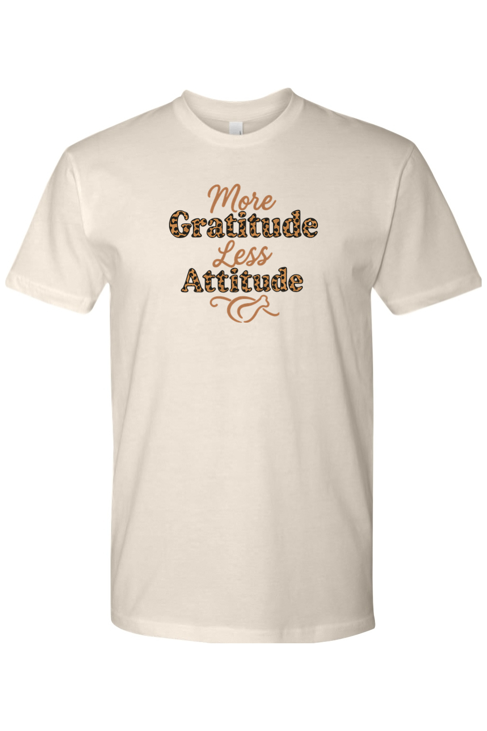 Cream beige Thanksgiving t-shirt with "More Gratitude Less Attitude" text in leopard print with a turkey design underneath trendy girly fall holiday short sleeve shirt