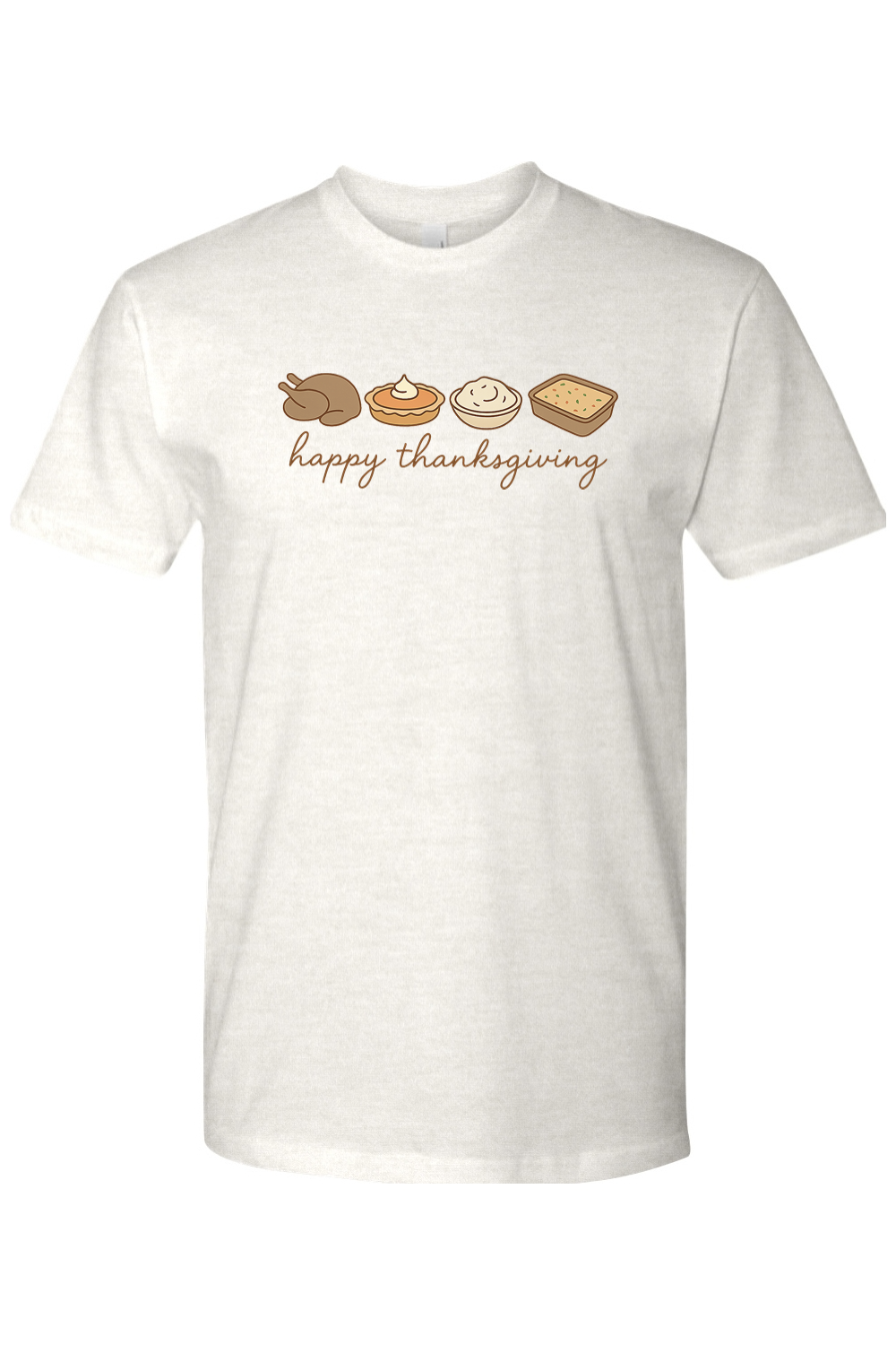 Light cream Thanksgiving t-shirt with "happy thanksgiving" text and turkey, pumpkin pie, mashed potatoes, stuffing design cute trendy fall holiday short sleeve shirt