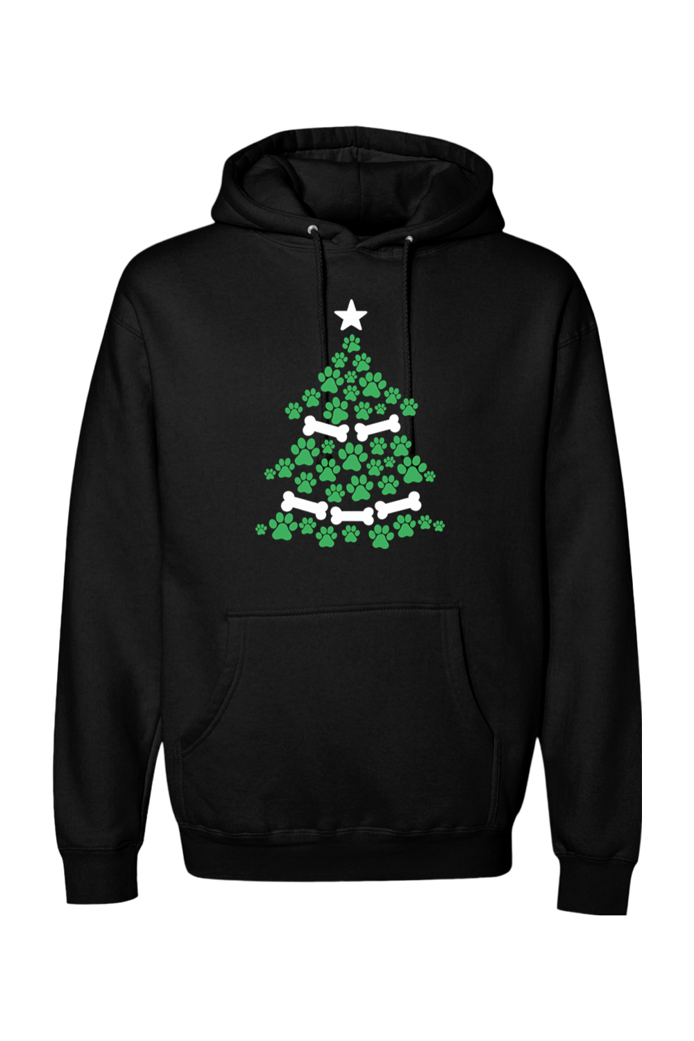 Black Christmas hoodie with a Christmas tree design made out of paw prints and bones cute dog pet animal lover long sleeve hooded sweatshirt