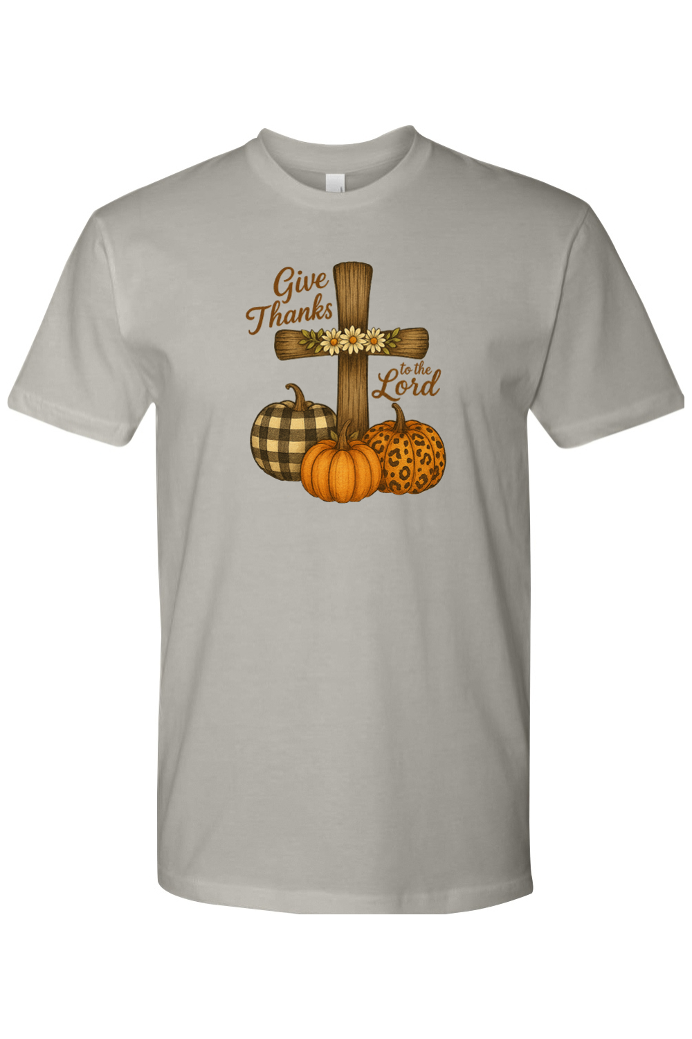 Grey gray Thanksgiving t-shirt with "Give Thanks to the Lord" text with flower cross and plaid leopard print pumpkins design cute trendy Jesus Christian fall short sleeve shirt