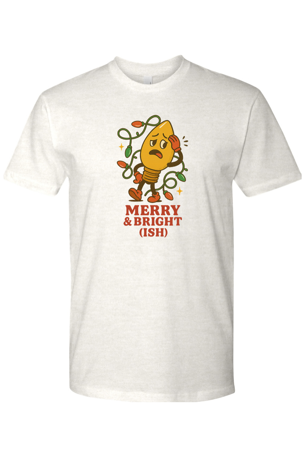 Light cream vintage Christmas t-shirt with "Merry & Bright (Ish)" text in red with a worried Christmas tree light bulb design funny sarcastic holiday humor short sleeve shirt