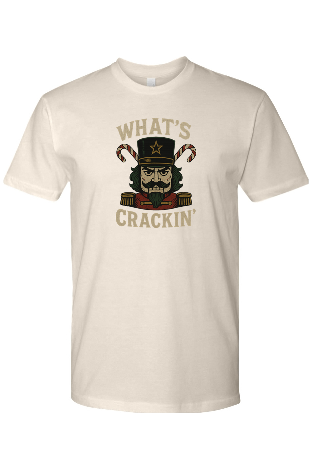 Cream Christmas t-shirt with "What's Crackin'" text and a masculine nutcracker candy cane design funny manly holiday humor short sleeve shirt