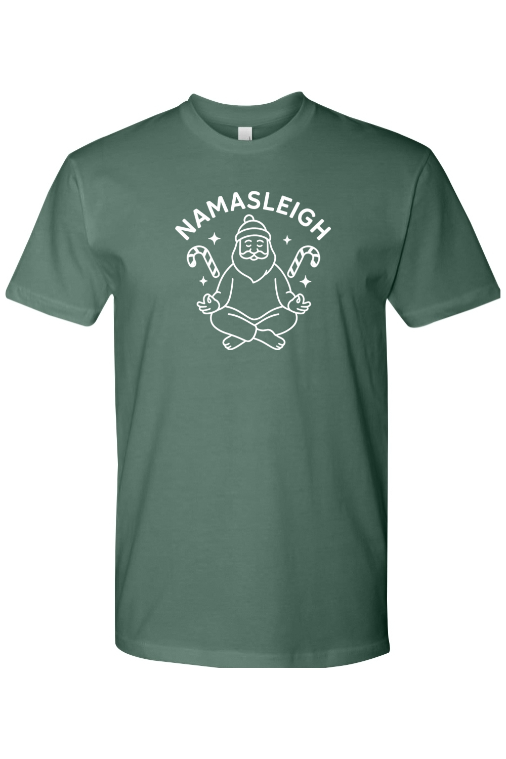 Pine green Christmas t-shirt with "Namasleigh" text in white and a Santa in a yoga pose candy cane star design funny festive holiday short sleeve shirt