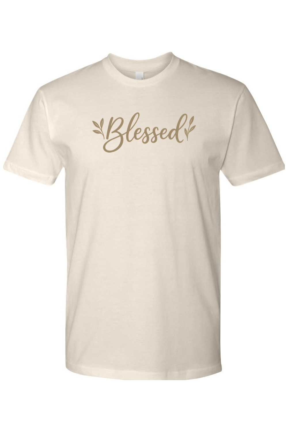 Beige cream Thanksgiving t-shirt with "Blessed" text and leaf design cute trendy fall holiday short sleeve shirt