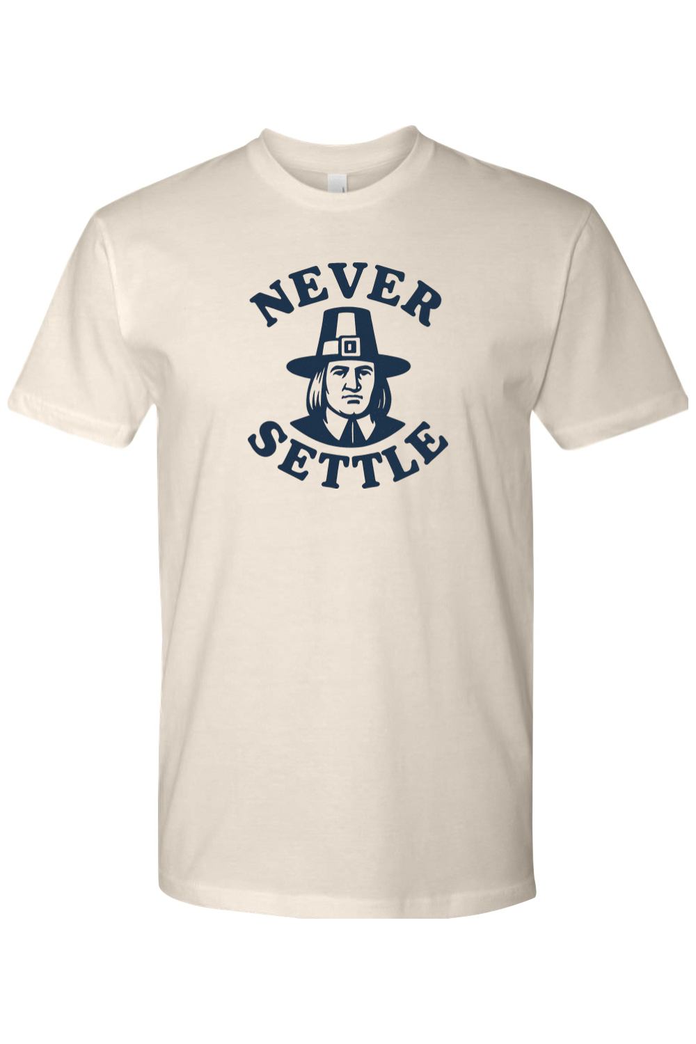 Cream beige Thanksgiving t-shirt with "Never Settle" text and a pilgrim design funny sarcastic fall holiday short sleeve shirt