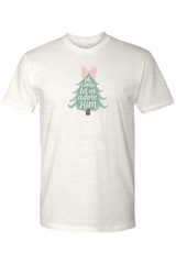 Light cream beige Oh Come Let Us Adore Him Christmas tree bow cute design t-shirt short sleeve Jesus faith Christian holiday shirt