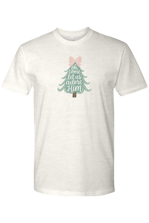 Light cream beige Oh Come Let Us Adore Him Christmas tree bow cute design t-shirt short sleeve Jesus faith Christian holiday shirt